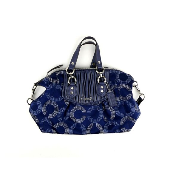 Coach Handbags - Coach Ashley Gathered Leather Signature Op Art Dotted Navy Satchel F20015